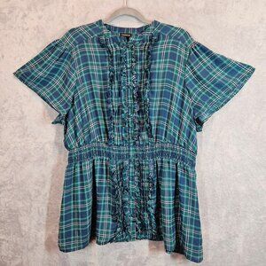 Torrid Womens 2X Plaid Ruffled Button Front Blouse Top Blue Green peplum office